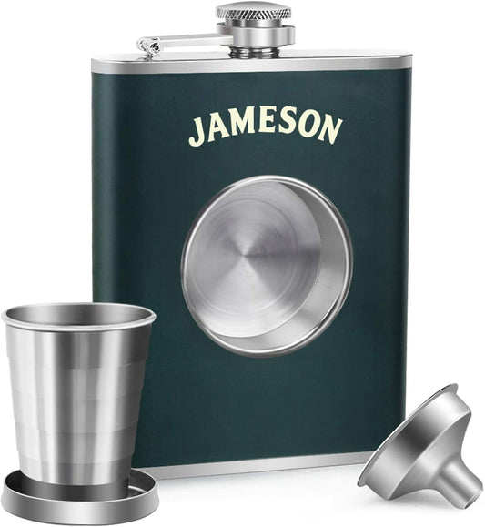 Stainless Steel Shot Flask 8 oz with 2 oz Collapsible Shot Glass Ideal Gift for Men (Green)