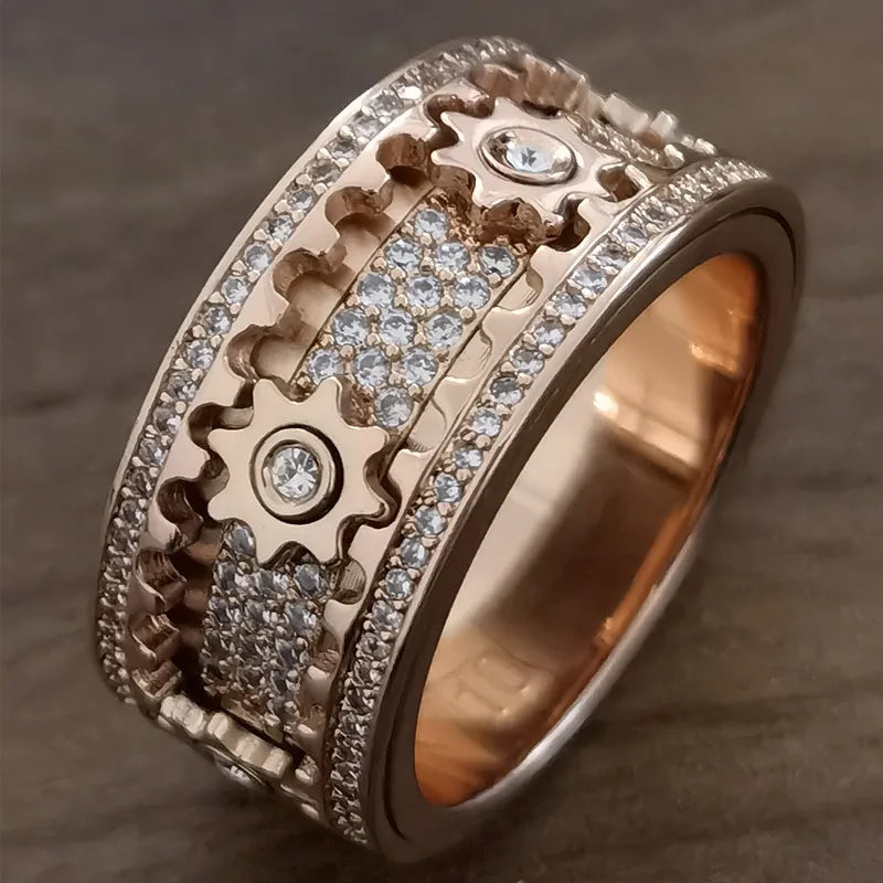 Punk Turn Gear Ring Luxury Rose Gold Silver