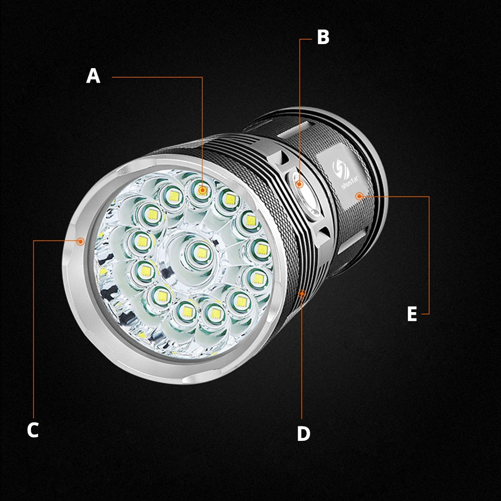 Powerful LED Flashlight with 18 x T6 LED Lamp bead waterproof searchlight