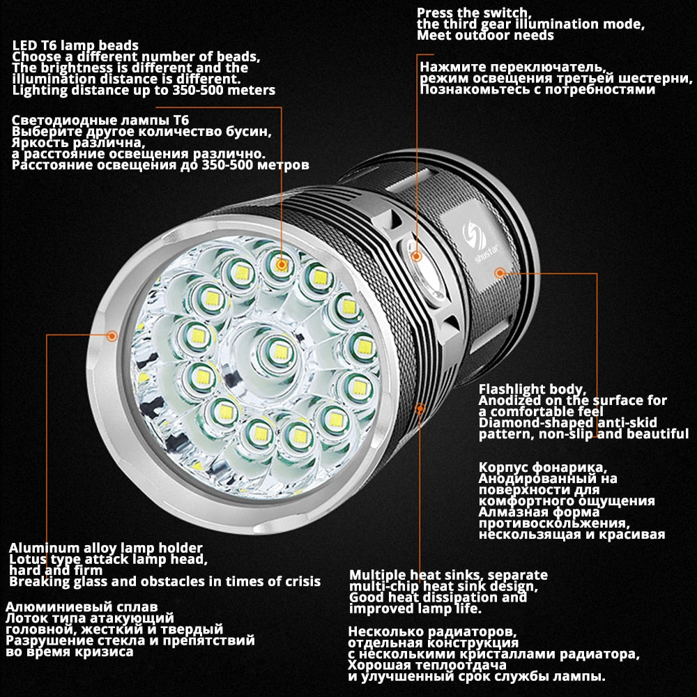 Powerful LED Flashlight with 18 x T6 LED Lamp bead waterproof searchlight