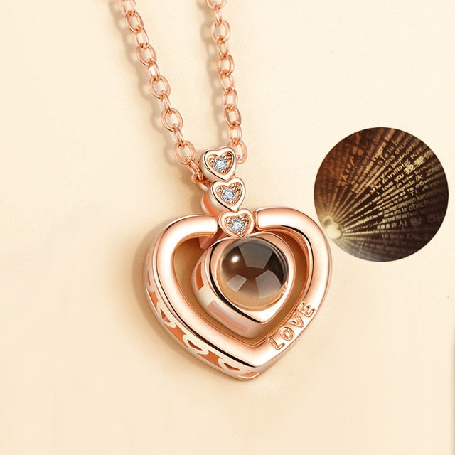 Rose Gold 100 Languages I Love You Projection Pendant Necklace