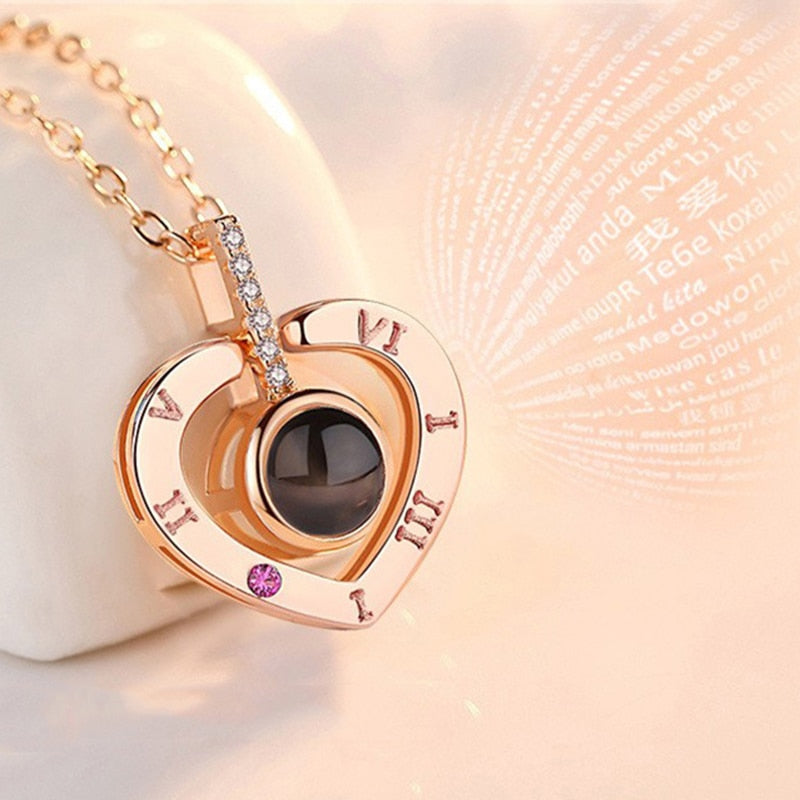 Rose Gold 100 Languages I Love You Projection Pendant Necklace