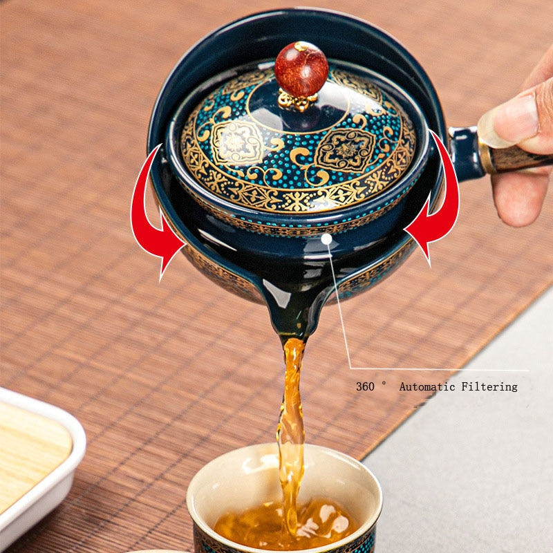 Portable Flowers Teapot With Wooden Handle Side-handle Pot Cup