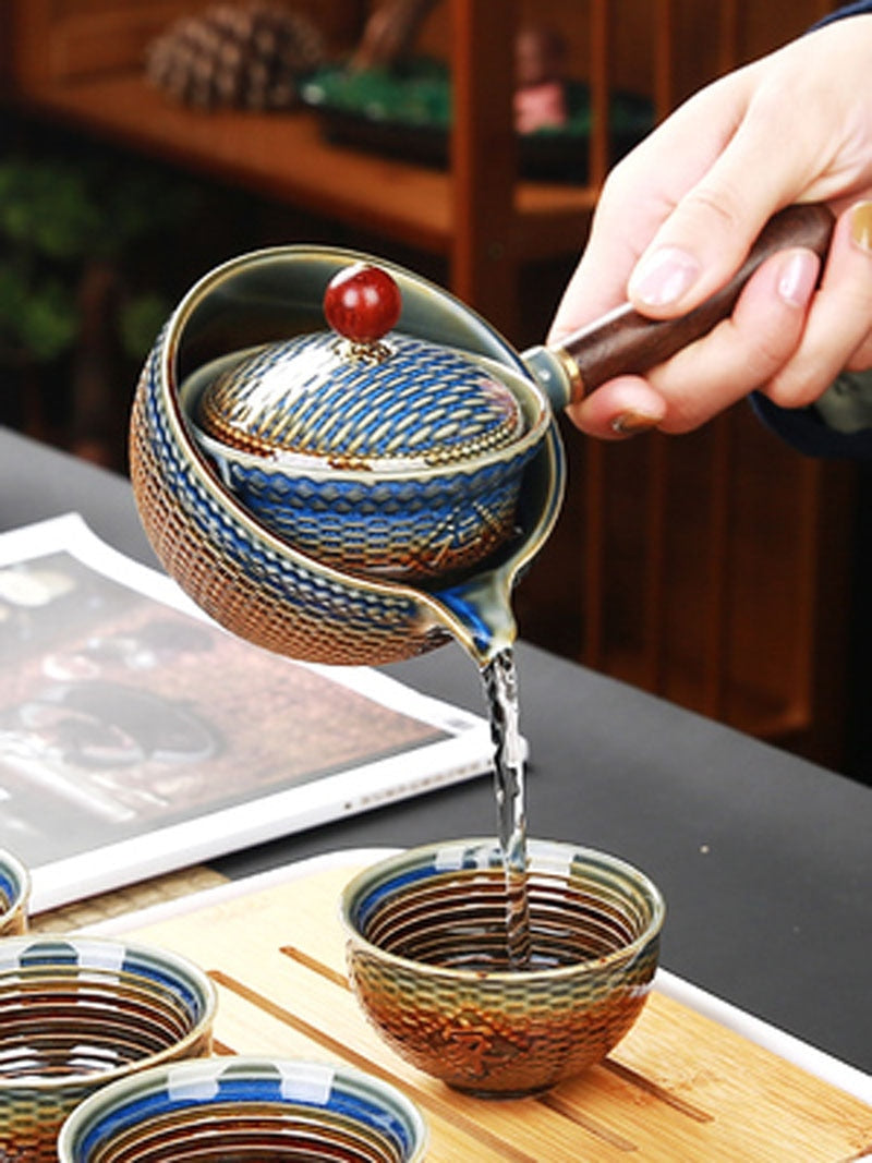 Portable Flowers Teapot With Wooden Handle Side-handle Pot Cup