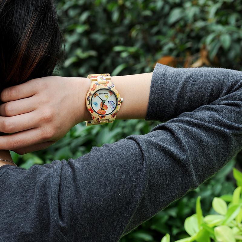 Wooden Watch for Women Band Painting Butterfly in Wooden Box